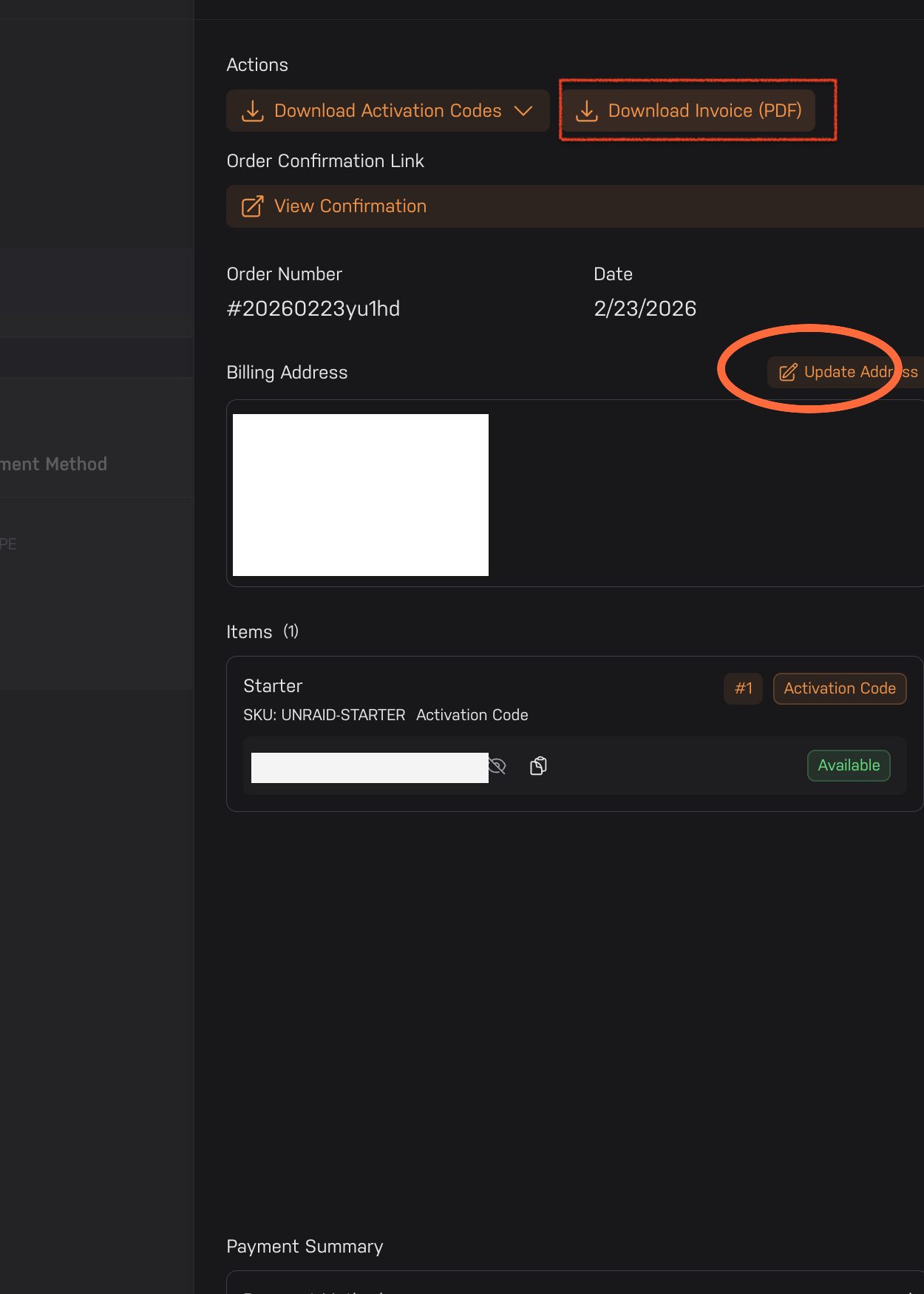 Bestelldetailseite mit der Option „Adresse aktualisieren“